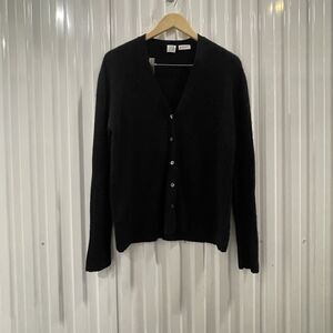 TSE Women's Black Ribbed V-neck Pure Cashmere Button Up Cardigan Size Large